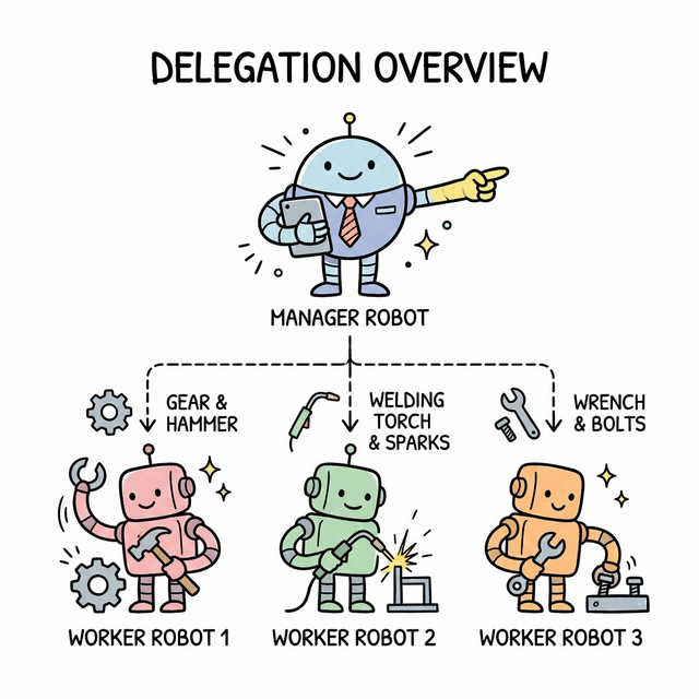 An architecture diagram showing a manager robot delegating tasks to worker robots