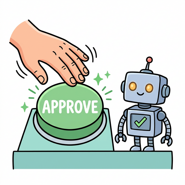 A human hand hovering over a big green APPROVE button while a robot waits patiently
