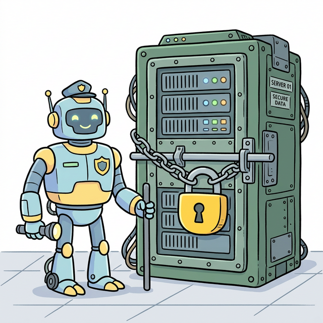 A robotic security guard guarding an armored server rack with a giant padlock