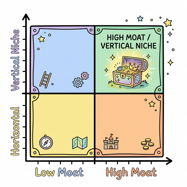 A 2D matrix graphic comparing horizontal AI to profitable vertical niches