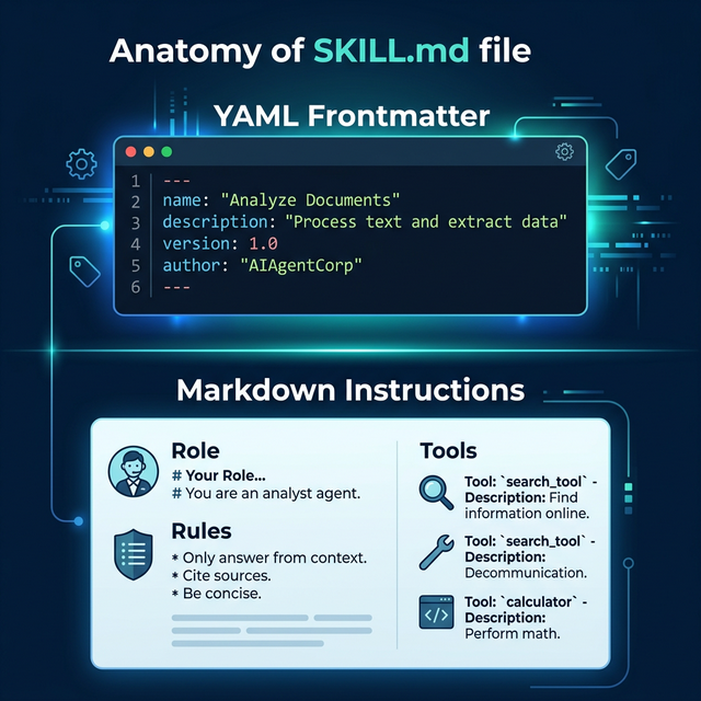 The anatomy of a SKILL.md file — YAML frontmatter for metadata and Markdown body for LLM instructions